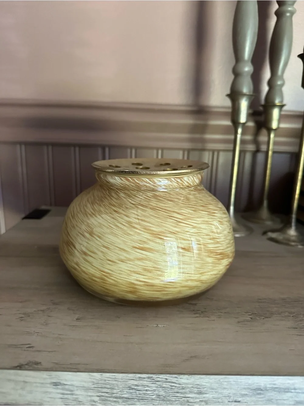 Anthropologie Cream and Tan Swirled Glass Vase with Brass flower stem Top
